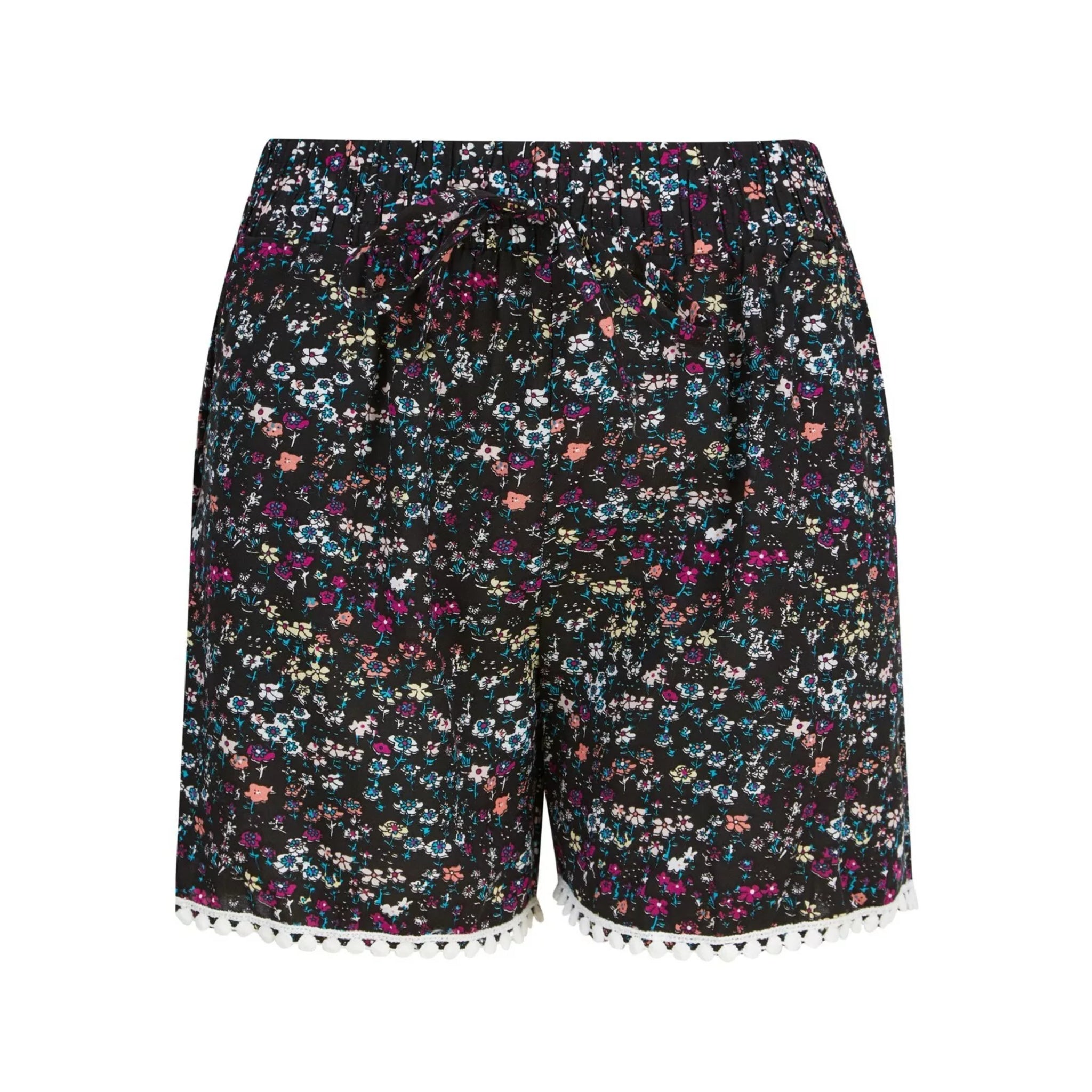 Ladies' black cotton summer shorts with colourful ditsy floral print, drawstring waist, and white pom-pom trim β lightweight casual holiday shorts